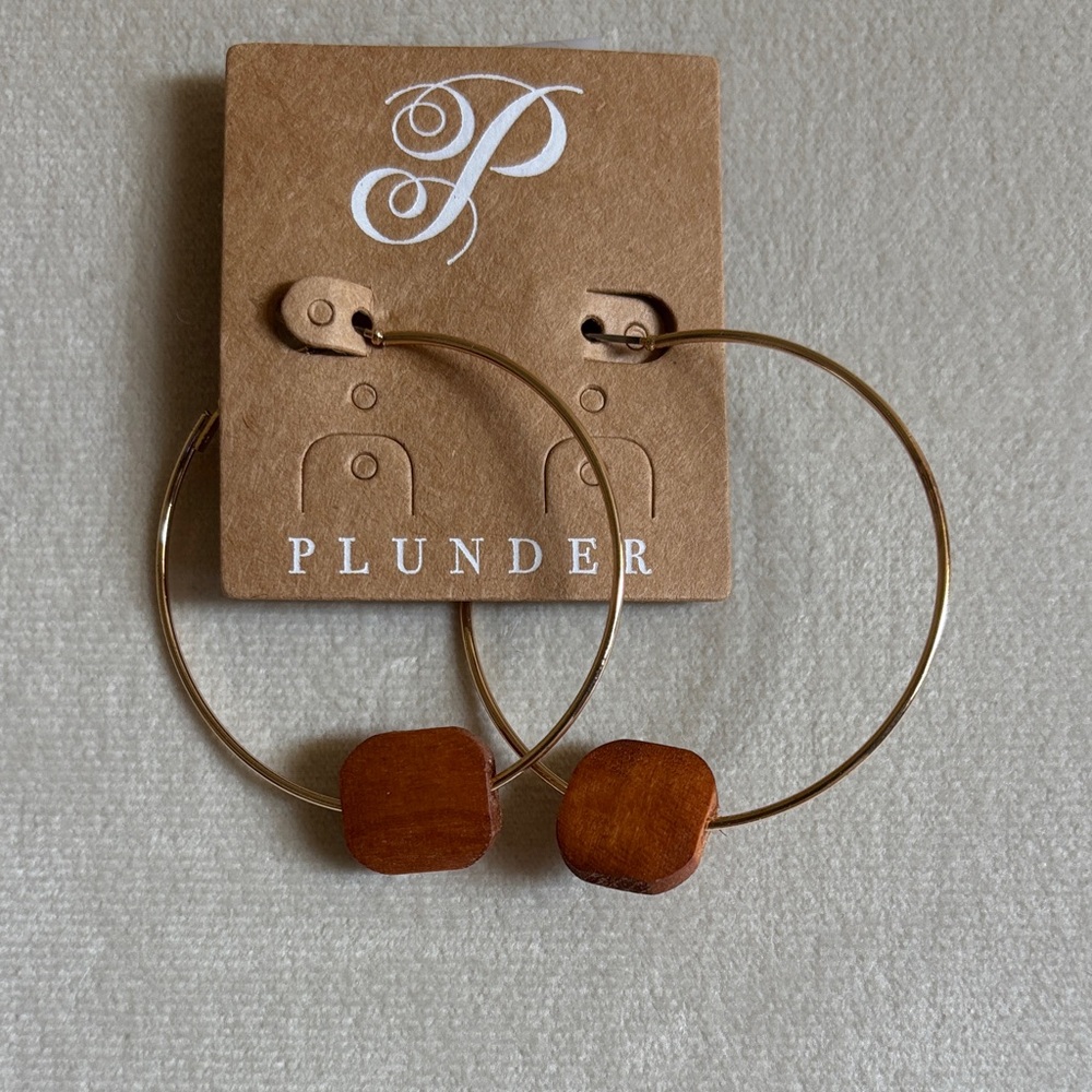 Plunder Gold Hoops with Wooden Charm
